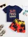 SHEIN Young Boy Slogan Printed Short Sleeve T-Shirt And Shorts Swimwear Set