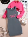 SHEIN Kids EVRYDAY Tween Girls Cropped Sweatshirt And Letter Printed Vest Dress 2pcs/Set