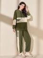 SHEIN Mulvari Women's Colorblock Letter Print Drawstring Hoodie And Pants Set