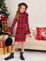 SHEIN Kids FANZEY Tween Girl 1pc Plaid Print Bow Front Flounce Sleeve Dress