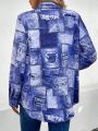 SHEIN LUNE Women'S Denim-Look Printed Long Sleeve Shirt