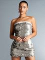 SHEIN BAE Women's Glitter Strapless Bodycon Dress