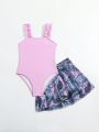 Young Girl Frill Trim One Piece Swimsuit With Plant Printed Cover-Up Skirt