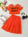 SHEIN Kids EVRYDAY Toddler Girls' Casual Orange Letter Printed Sheer Sleeve T-Shirt And Mesh Skirt 2pcs/Set