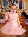 Baby Girl Three-Dimensional Rose Top And Oversized Puff Skirt Skirt Set Is Elegant And Cute