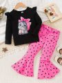 Young Girl Cat Print Ruffle Trim Tee & Heart Flare Leg Pants