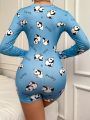 Women'S Cartoon Panda Printed Long Sleeve Sleepwear Shorts Set