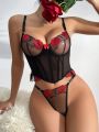 Flower Embroidery See-Through Sexy Lingerie Set