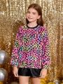 SHEIN Kids HYPEME Tween Girl Leopard Print Contrast Trim Pullover