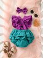 SHEIN Newborn Baby Girls' Outfit Cake Layers Ruffles Jumpsuit Suspender Romper, Cute Princess Style, Spring & Summer