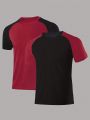 2pcs Men'S Color Block Raglan Sleeve T-Shirt With Patchwork