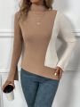 SHEIN LUNE Color Block Stand Collar Asymmetric Hem Sweater