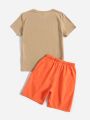 SHEIN Kids SUNSHNE Boys Palm Tree & Slogan Graphic Tee & Drawstring Waist Shorts