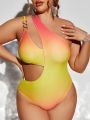 SHEIN Swim SXY Plus Size Hollow Out Ombre One Shoulder One-piece Swimsuit With Circular Decoration