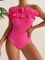 One Piece Swimsuit With Ruffled Decorated Shoulder Straps