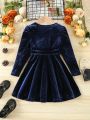 Young Girl Surplice Neck Puff Sleeve Belted Dress