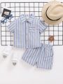SHEIN Baby Boy Blue & White Striped Button-Front Shirt And Casual Shorts 2pcs Set
