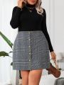 SHEIN Essnce Plus Plaid Print Button Front Skirt