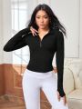 Daily&Casual Half Zipper Pullover Sports Sweatshirt With Thumb Hole