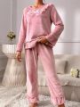 Contrast Lace Ruffle Trim Flounce Sleeve Bow Front Flannelette PJ Set