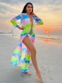 SHEIN Swim Vcay 1pc Women's Tie-Dye Kimono With Drawstring Waist