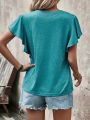 Solid Color Notched Neckline T-Shirt With Notched Ruffle Sleeves