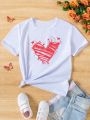 SHEIN Kids HYPEME Tween Girls' Casual Heart Printed Short Sleeve T-Shirt