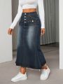 Raw Hem Denim Skirt With Washed Design