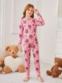 SHEIN Kids Nujoom Girls' (Big) Heart & Floral Patterned Long Sleeve Homewear Set