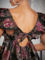 Luxe Floral Print Tie Backless Ruffle Trim Dress