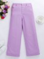 Basic Casual Comfortable Elastic Waist Straight Leg Jeans, Suitable For Everyday Wear, Ideal For Tween Girl, Purple