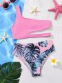 SHEIN Tween Girls' Casual Knit One Shoulder Sleeveless Top And Tropical Printed Triangle Bikini Swimsuit Set For Daily Wear