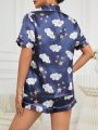 Women'S Clouds & Stars Printed Satin Pajama Set