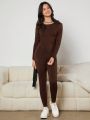 Teenage Girls' Knitted Pure Color Jumpsuit With U-neck And Slim Fit Back