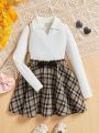 SHEIN Kids Cooltwn Tween Girls' Streetwear Knitted Solid Color Collared Long Sleeve Top And Plaid Mini Skirt Set