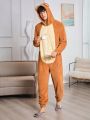 Men Colorblock 3D Ear Design Hooded Flannel Sleep Onesie