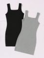 SHEIN Teen Girls' Sleeveless Ribbed Knit Square Neck Bodycon Dress 2pcs/set