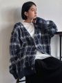 FRIFUL Women's Plaid Drop Shoulder Cardigan With Open Front