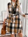 SHEIN LUNE Women'S Plus Size Plaid Belted Dress