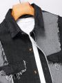 Men's Frayed Edged Denim Shirt With Flap Detail And Color Block Design