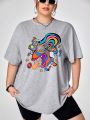 Hero Plus Size Cartoon Printed Round Neck Long T-Shirt