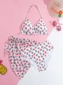 Teen Girl Cherry Print Halter Neck Bikini Set With Separated Design