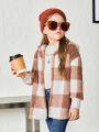 SHEIN Young Girl Buffalo Plaid Pattern Drop Shoulder Hooded Teddy Coat