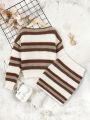 SHEIN Kids HYPEME Girls' Fashionable Knitted Three Piece Set For Autumn And Winter, Including Striped Sweater And Skirt