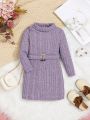 SHEIN Baby Girls' Casual Knitted High Neck Long Sleeve Belted Dress
