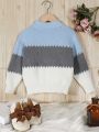 SHEIN Kids EVRYDAY Girls' Color-block Stand Collar Sweater