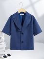 SHEIN Kids EVRYDAY Tween Boys' Loose Fit Casual Short Sleeve Suit Jacket And Pants Set With Turn-Down Collar