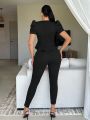 SHEIN SXY Ladies' Solid Color V-Neck Ruffle Hem Top And Leggings Two-Piece Set