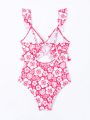 SHEIN Swim Vcay Women's Tropical Plant Print Ruffle One-Piece Swimsuit