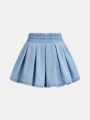 SHEIN Girls' (Little) Cute Pleated Denim Skirt, Washed, Casual And Fashionable